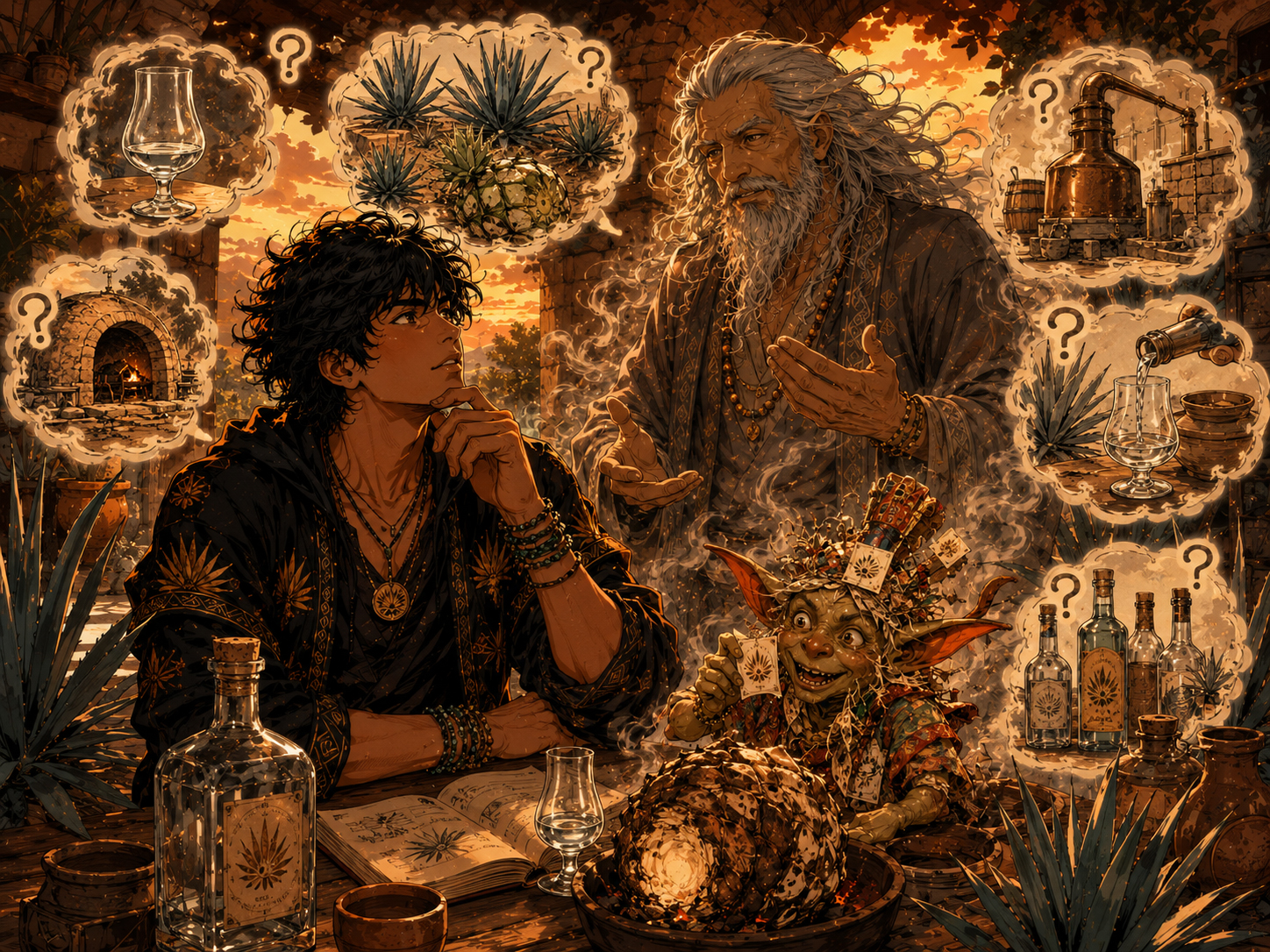 Manga-style MezcalDaily FAQ scene with agave questions, bottles, labels, and playful characters.