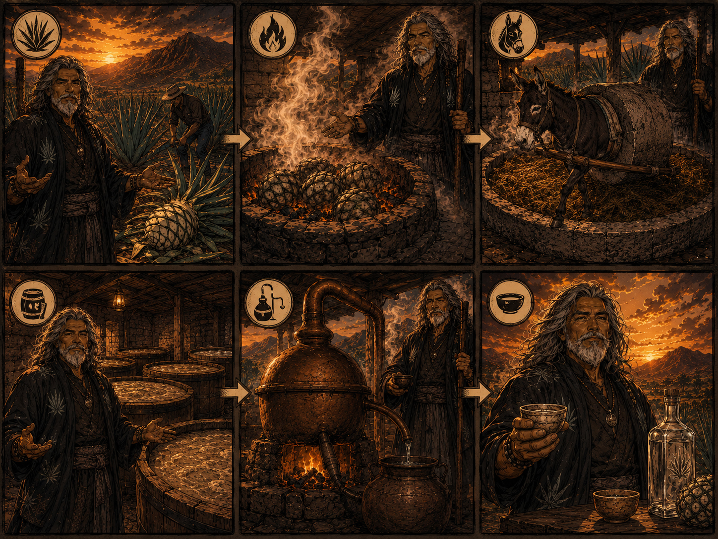 Illustrated mezcal production process from agave harvest to bottling.