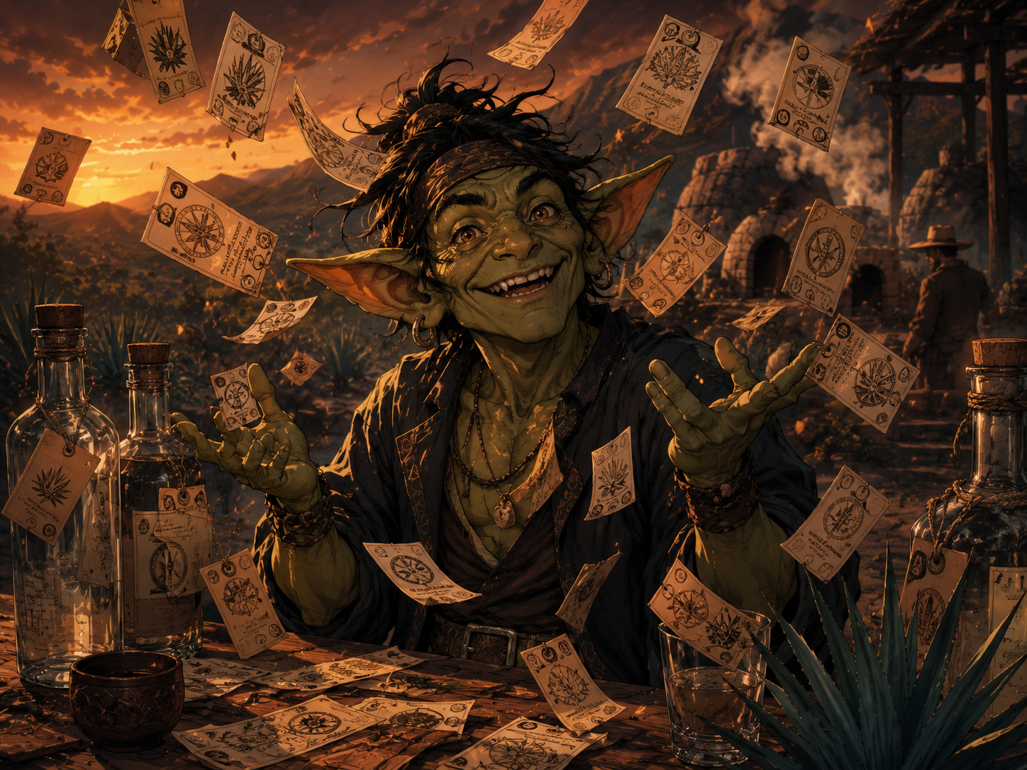 The Label Goblin causing chaos with mezcal labels and paperwork.