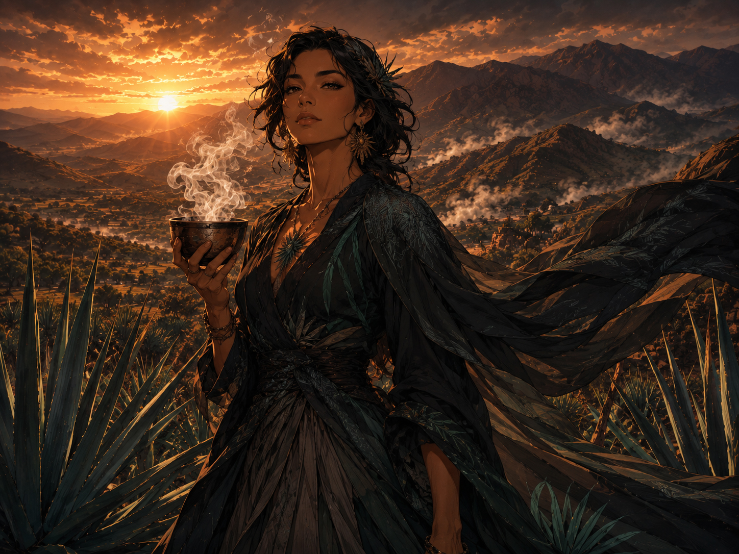 Madame Terroir standing before mountains and agave fields.