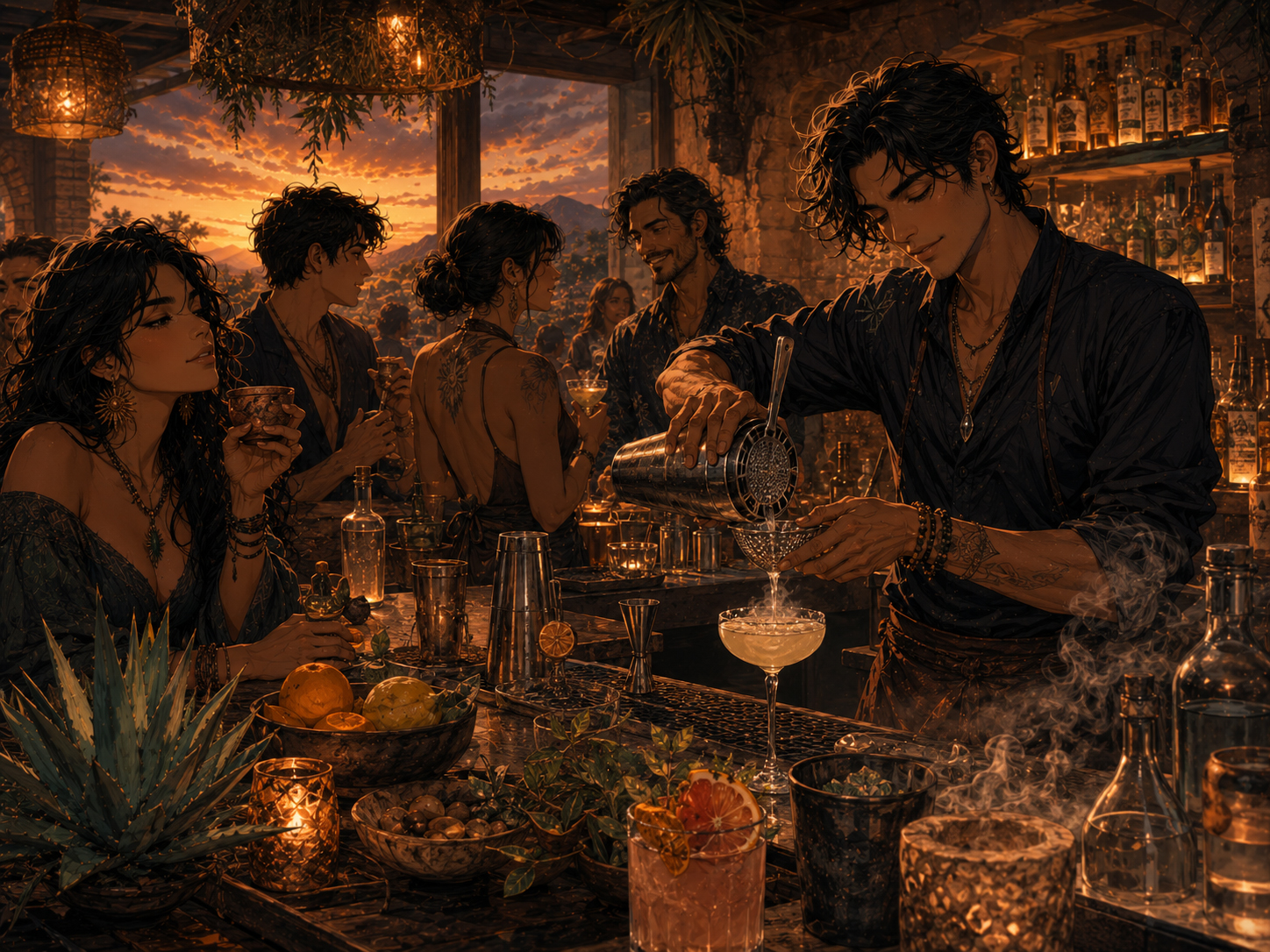 A warm mezcal cocktail bar scene with playful manga-style energy.