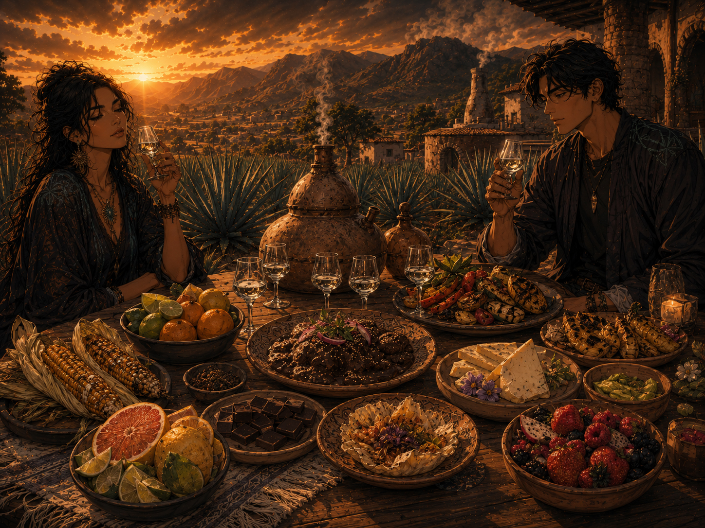 Mezcal food pairing table with fruit, chocolate, cheese, and grilled dishes.
