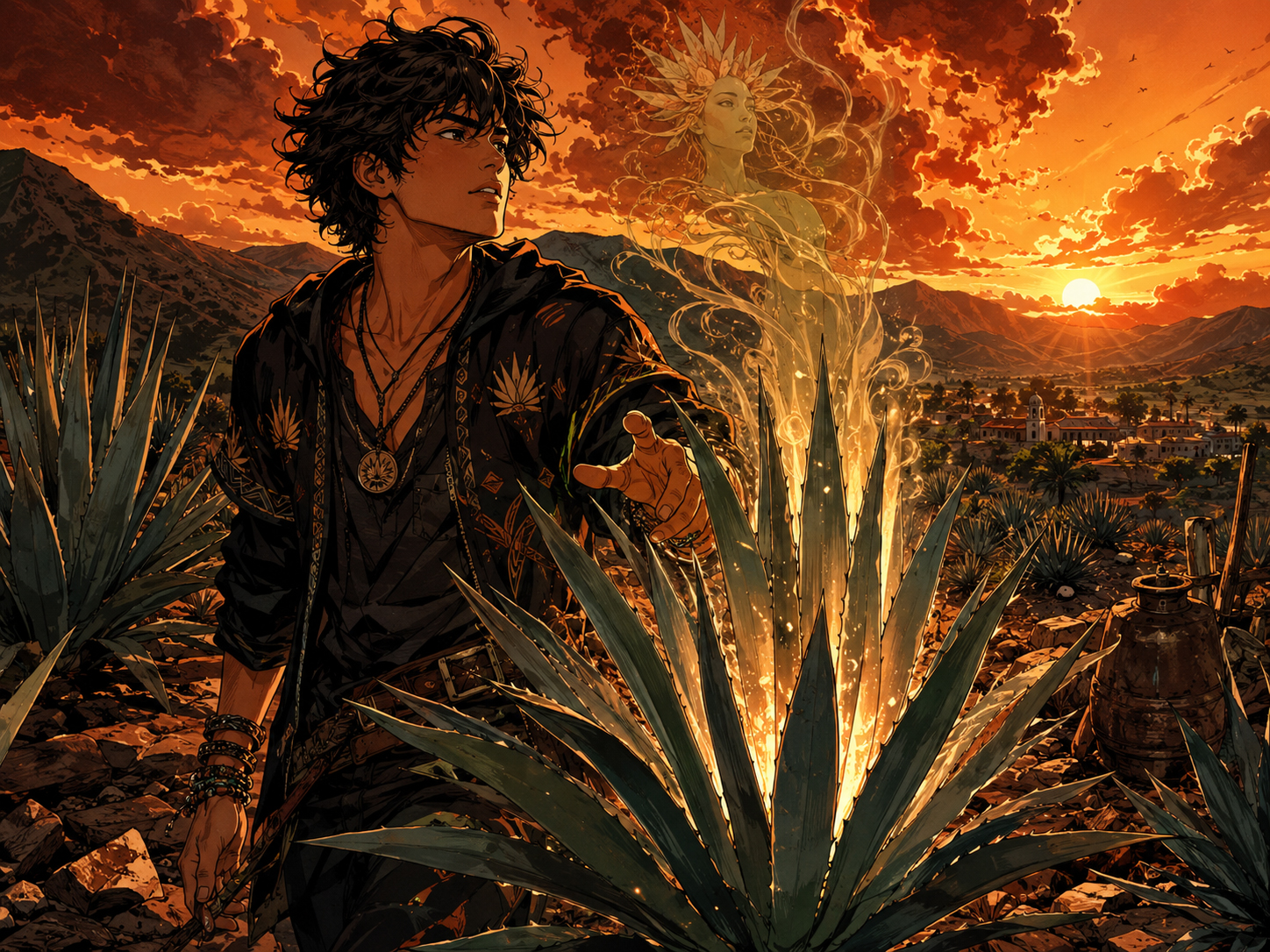 Mezcal glossary chaos with labels, agave words, and playful manga energy.