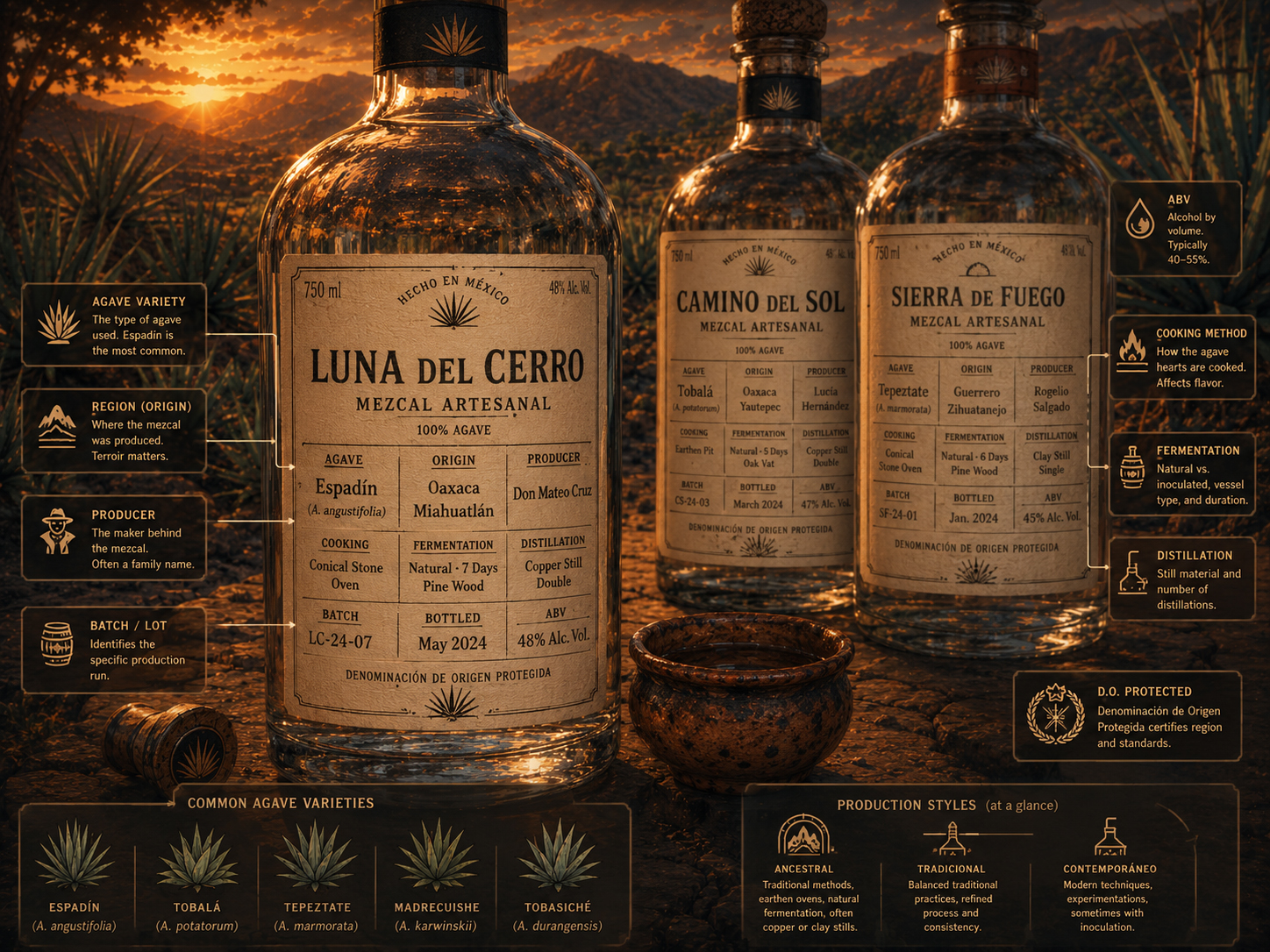 Closeup illustration of mezcal bottle labels showing agave variety, producer, origin, batch, category, and ABV.