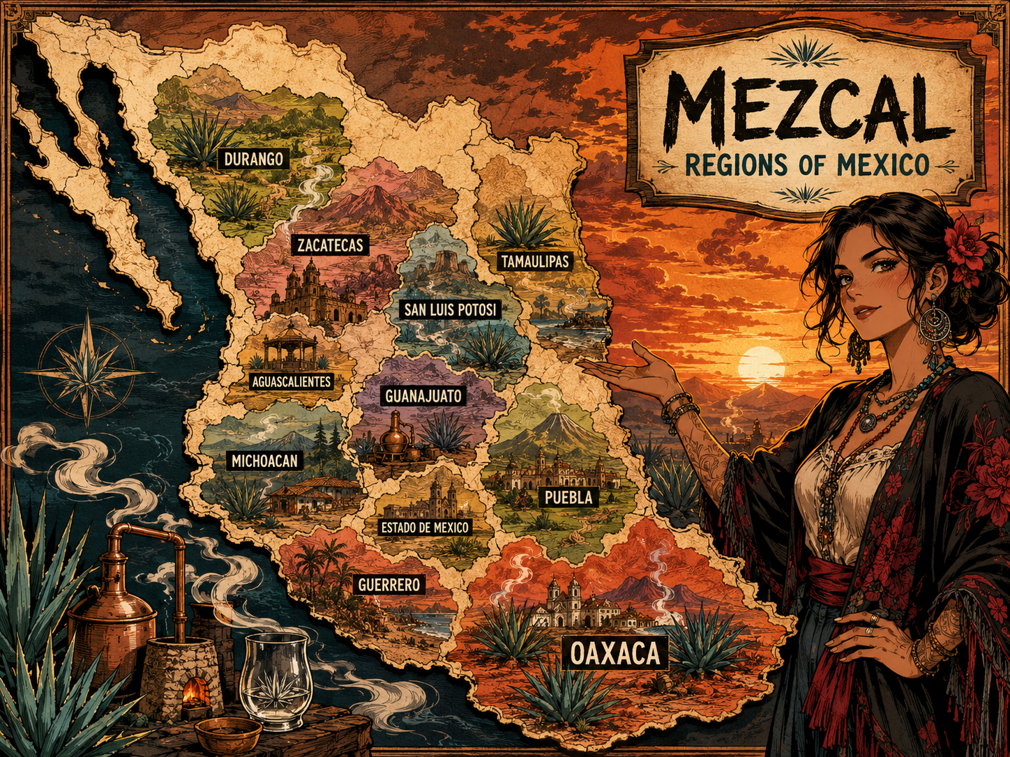 Manga-style map of mezcal regions in Mexico.