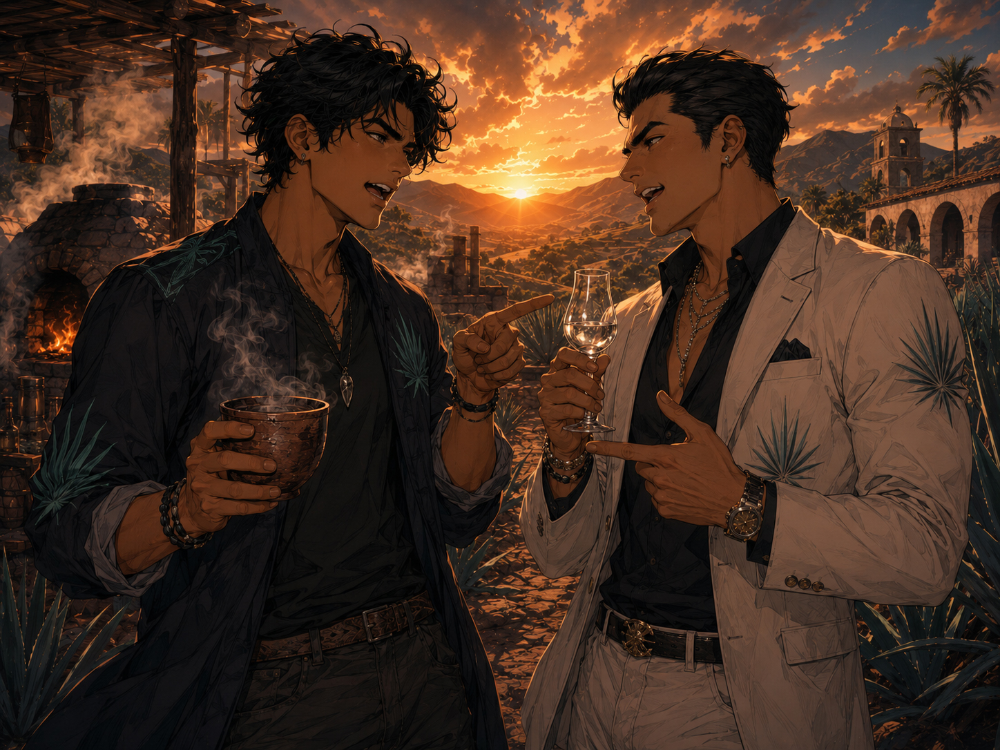 Two agave spirit cousins arguing dramatically at sunset.