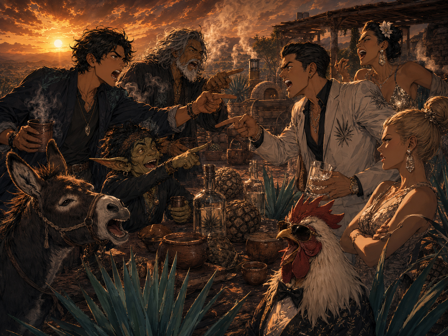Mezcal and tequila cousins arguing dramatically in a rustic courtyard.