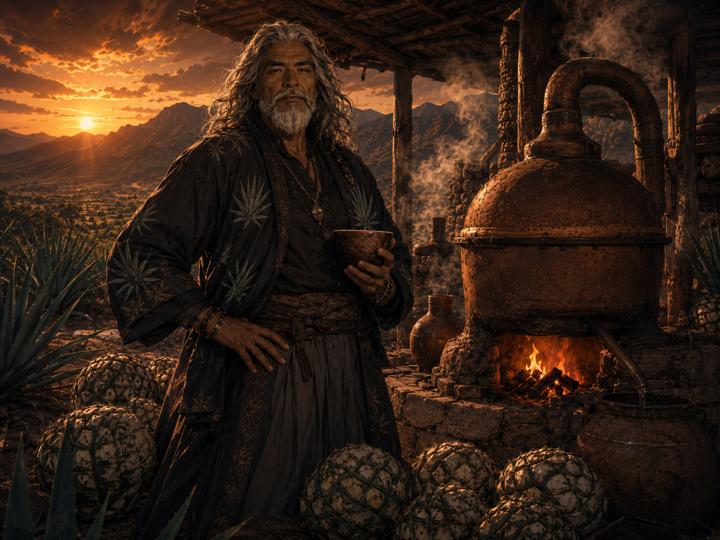 Mezcalero Master working beside a clay still.