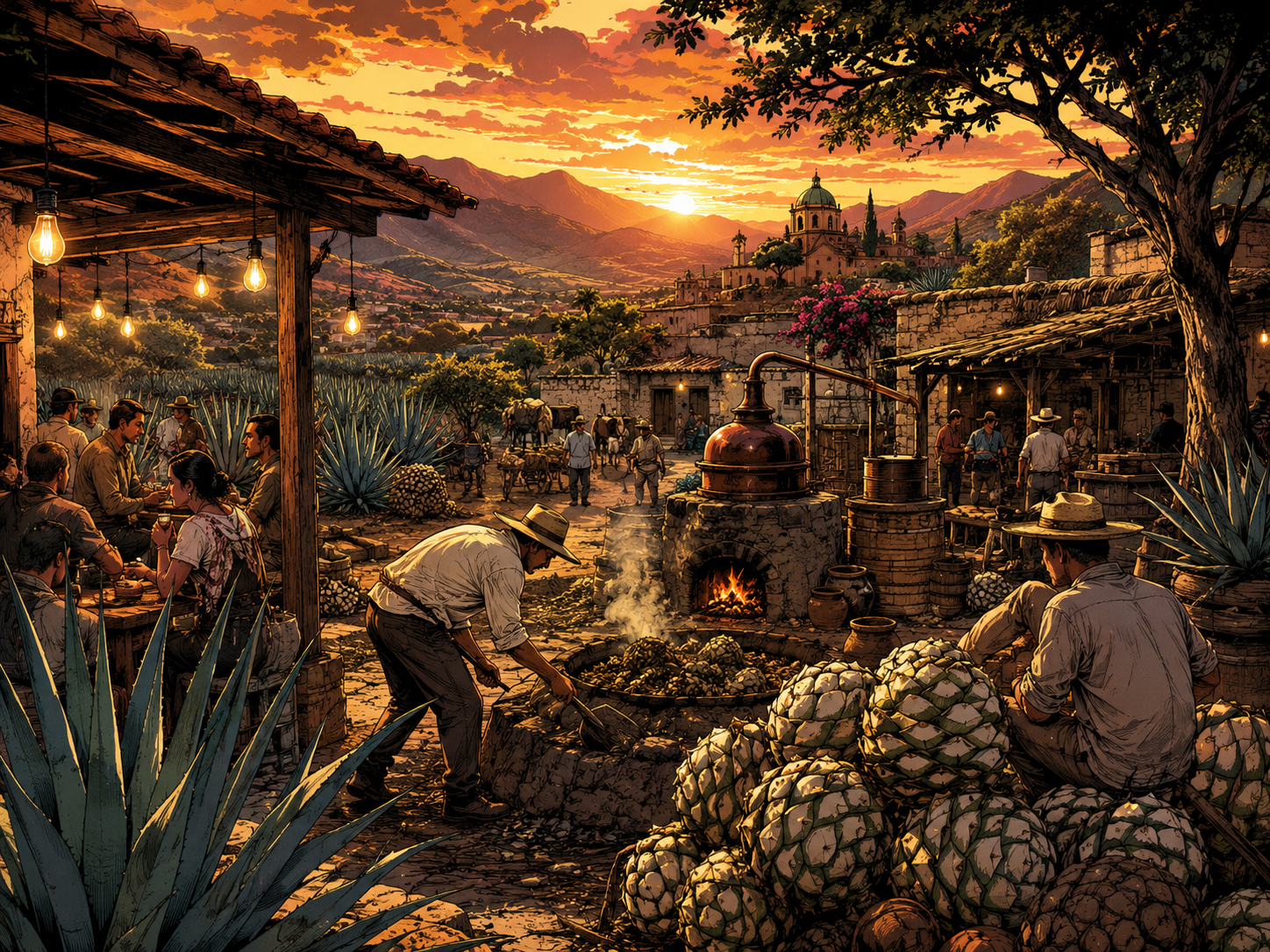 Oaxaca mezcal village at sunset with agave fields and mountains.