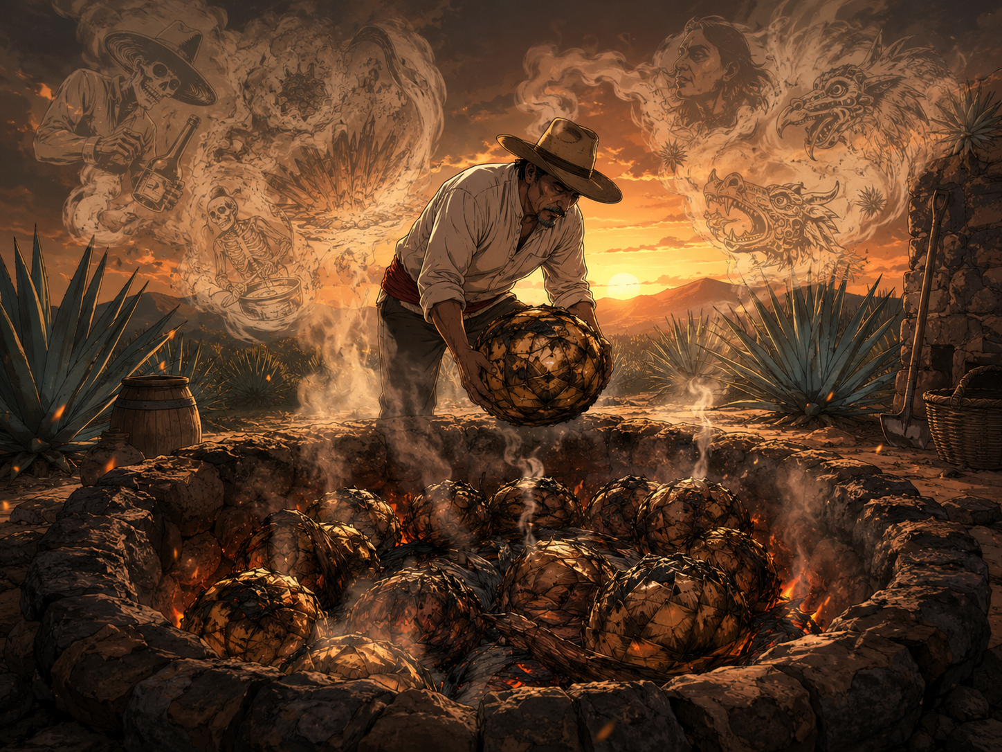 Roasting agave at dusk with smoke rising from an earthen pit and playful smoke spirits.