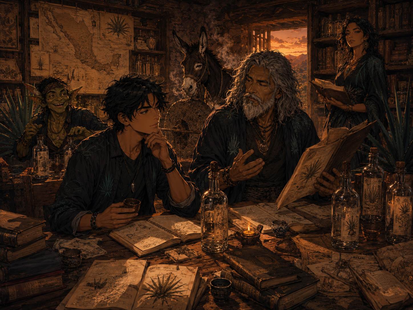 Illustrated MezcalDaily library scene with agave notes, books, bottles, and responsible source materials.
