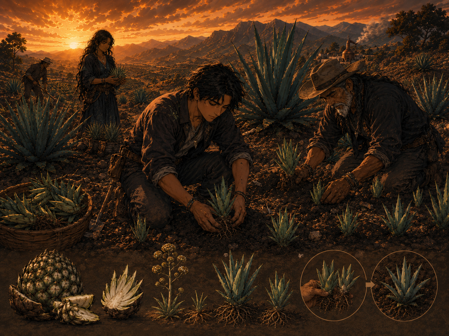 People planting young agave plants at sunset.