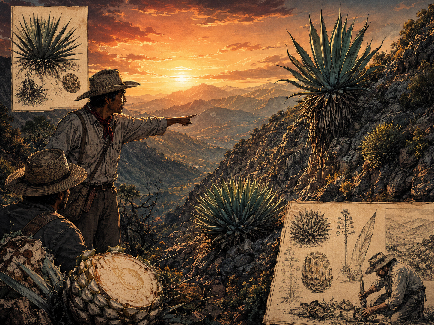 Wild agaves in rugged terrain.