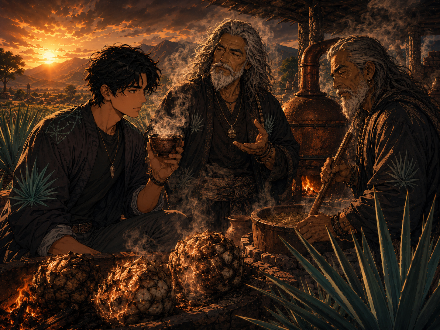 Illustrated mezcal introduction with agave and production scene.