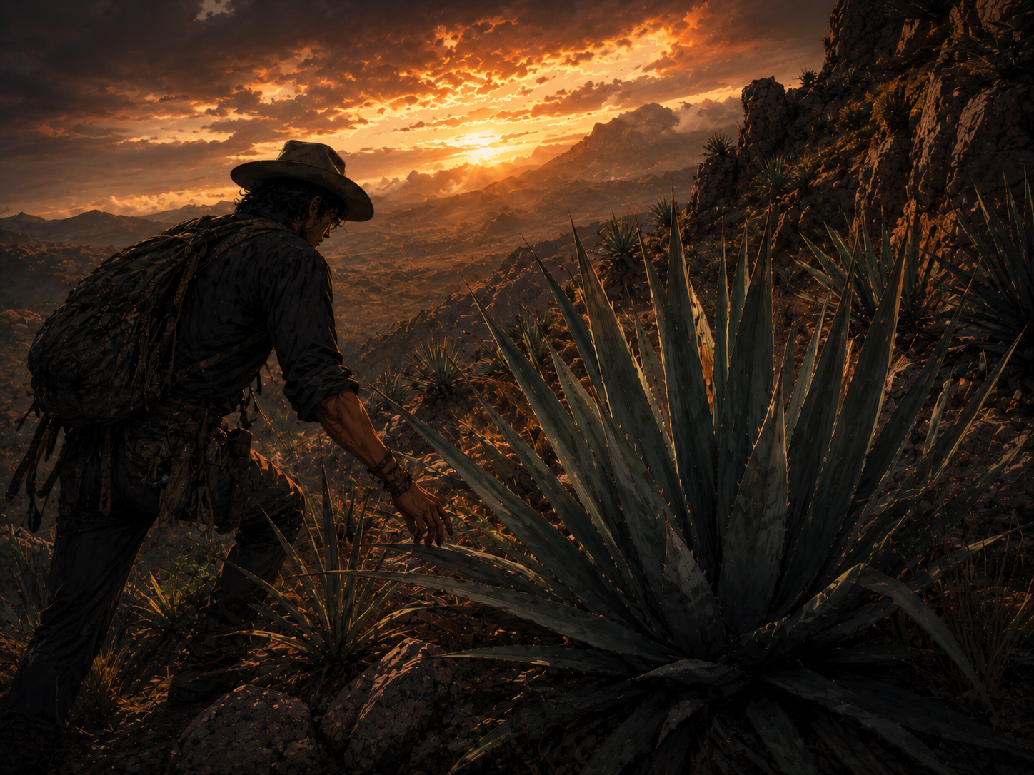 A dramatic warning scene about wild agave sustainability in rugged terrain.